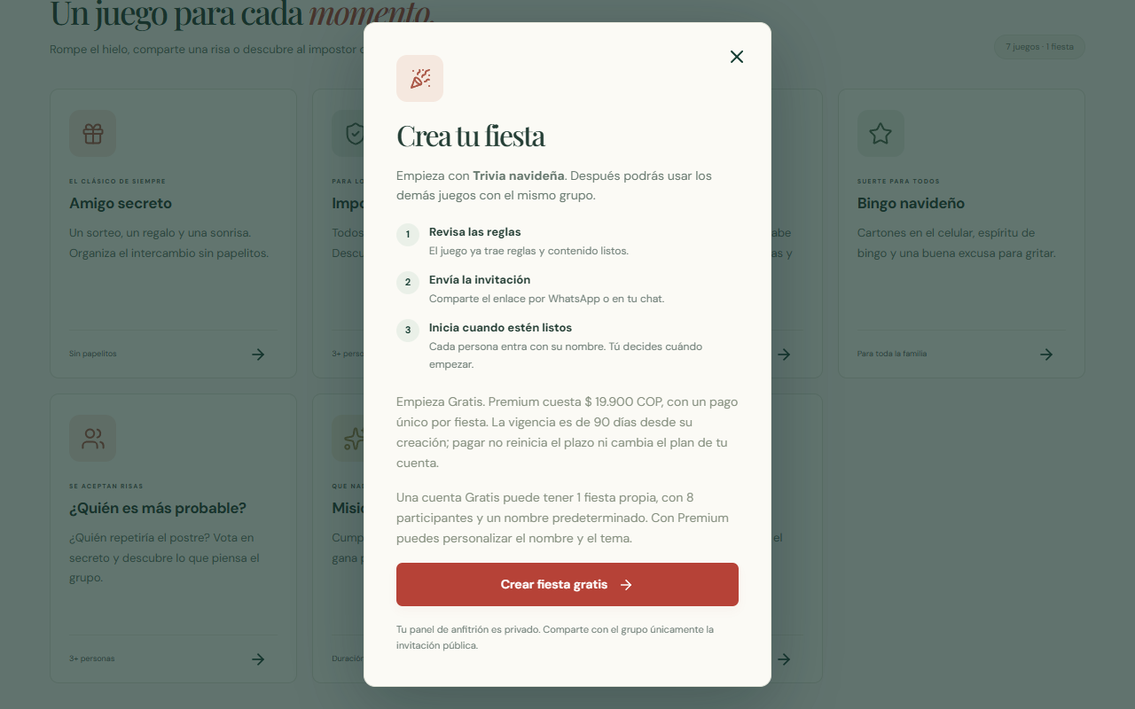 Pantalla de creación de una fiesta de Trivia con los pasos para preparar, invitar e iniciar.