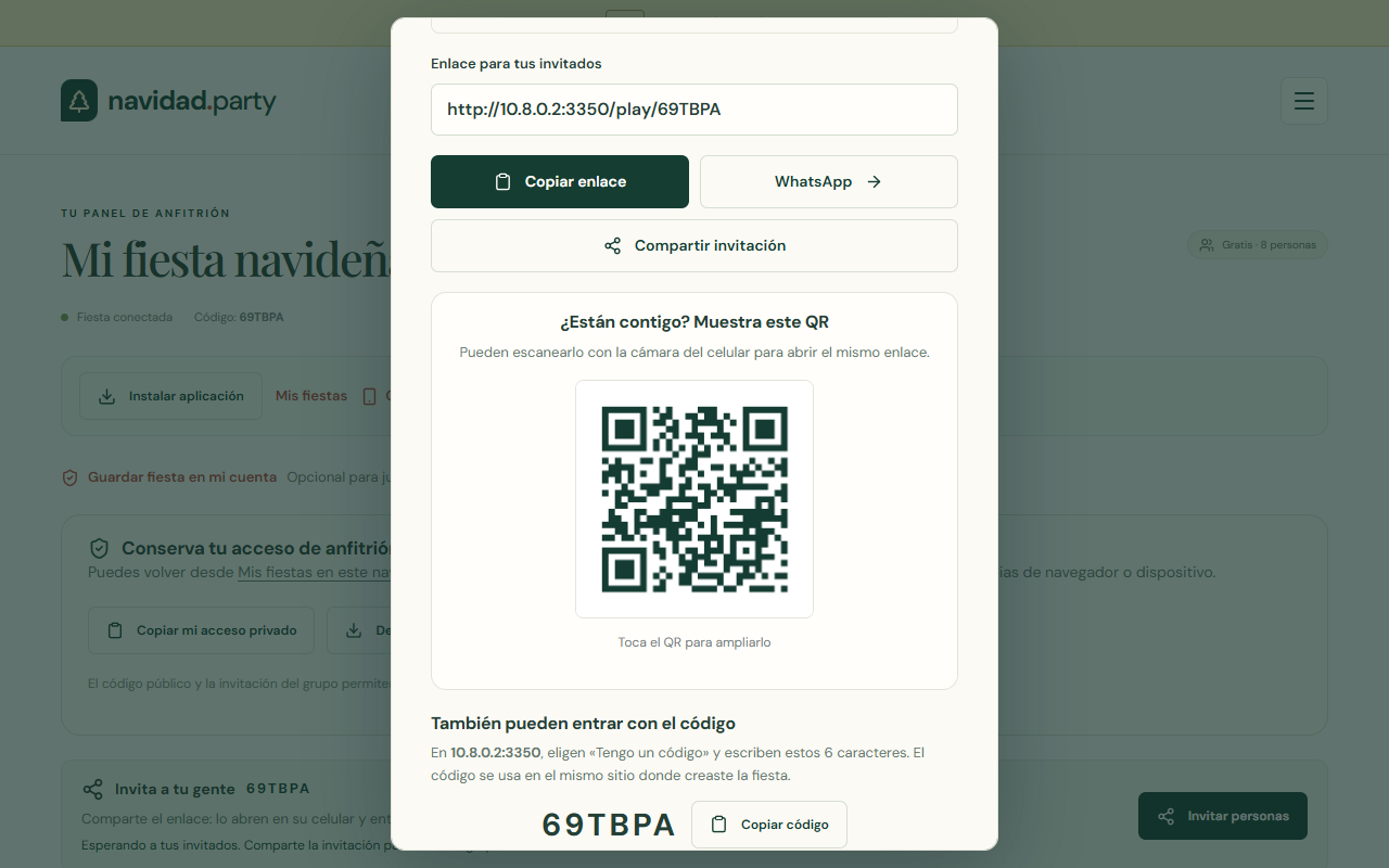 Invitación pública de una fiesta de prueba, con opciones para copiar enlace y compartir por WhatsApp o QR.