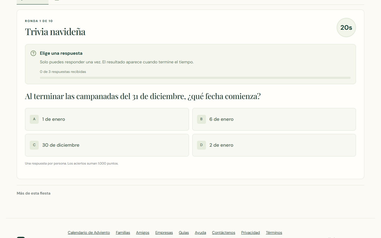 Una pregunta de Trivia en una partida de prueba, con cuatro alternativas para responder.